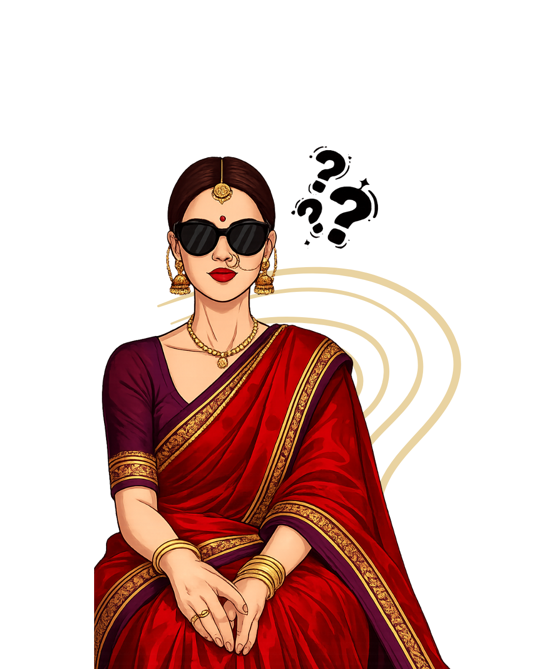 Illustrated woman in a red sari wondering what to wear