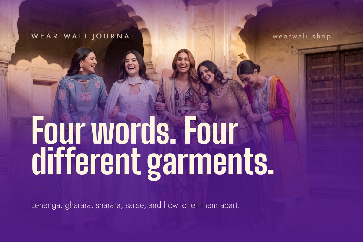 Five women in five different South Asian silhouettes standing together in a courtyard.