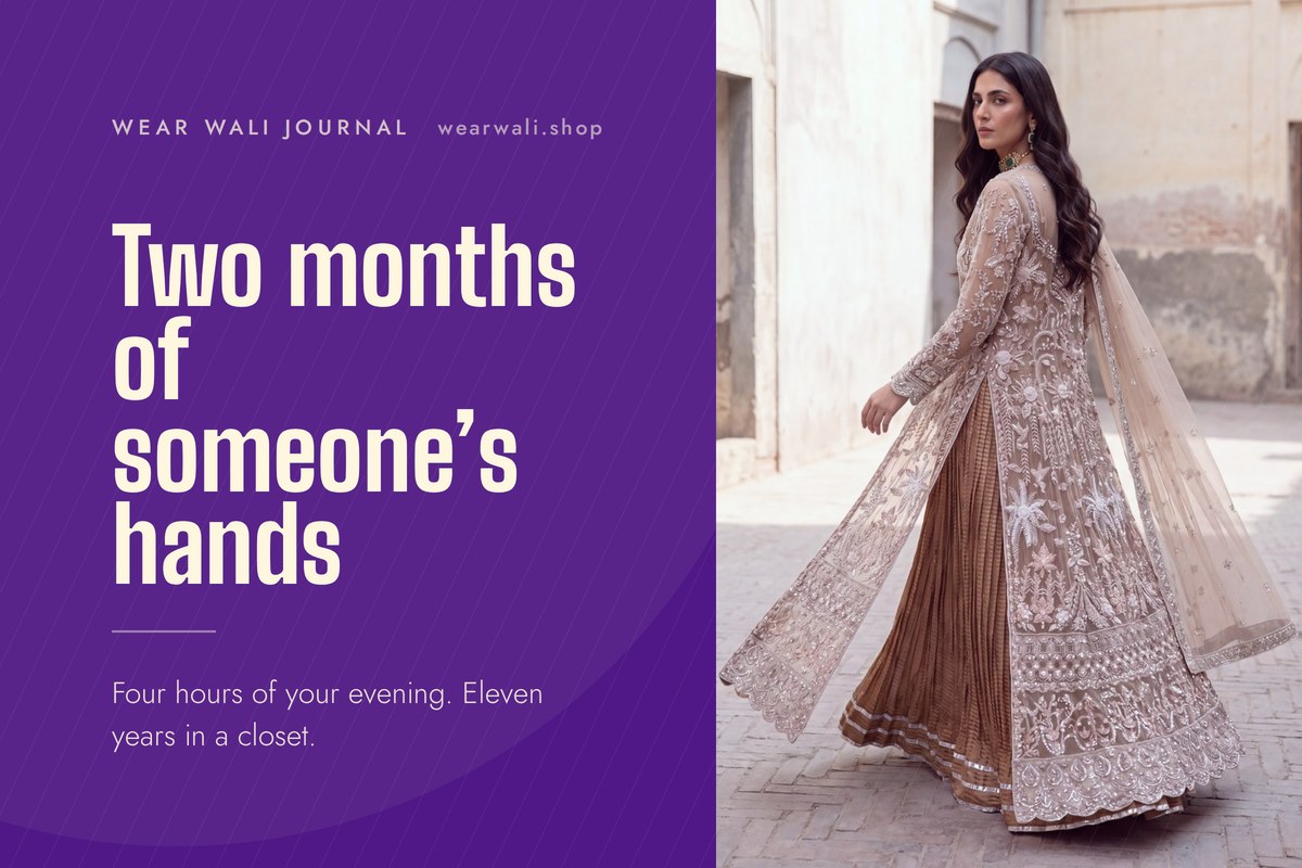 A densely hand-embroidered ivory and gold outfit, the metallic thread work catching the light.